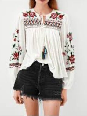 White Embroidered Peasant Blouse with Red Floral Accents